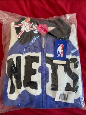 NWT Unisex Brooklyn Nets bǝrō x Kid Super White/Blue Full-Zip Knit Jacket MEDIUM